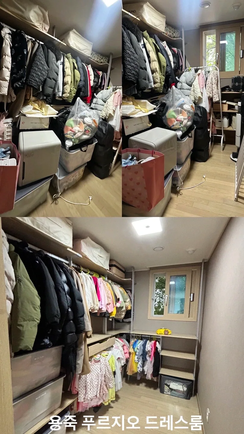 좁은 통로와 행거가 있는 옷방 정리 실제 작업 사진